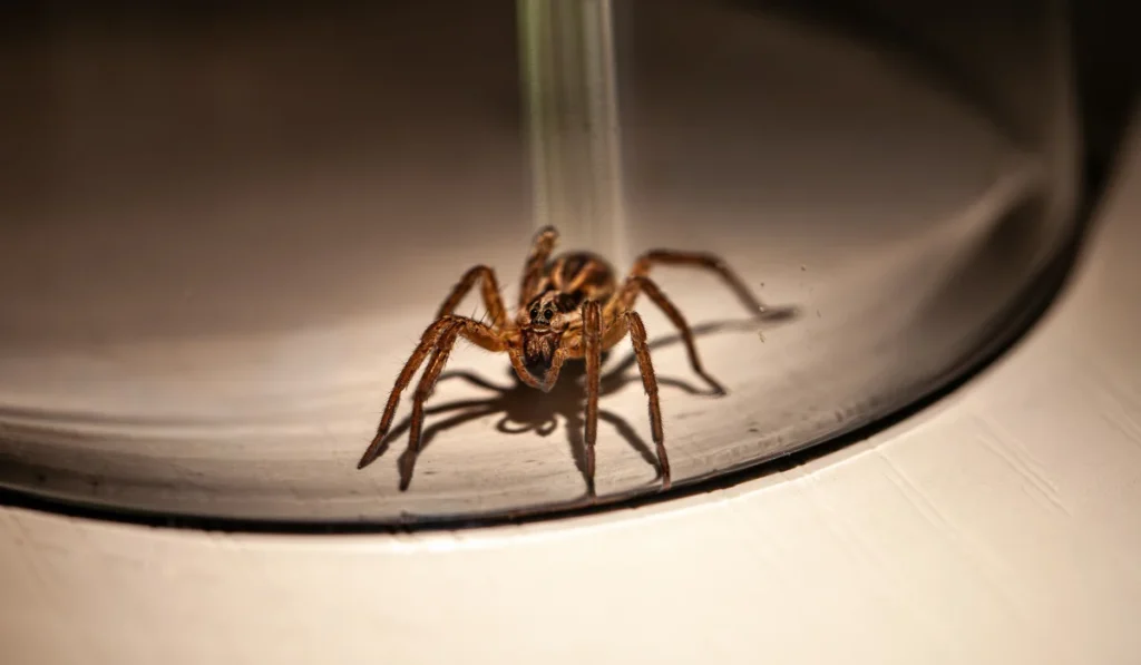 Wolf spider trapped inside glass at home